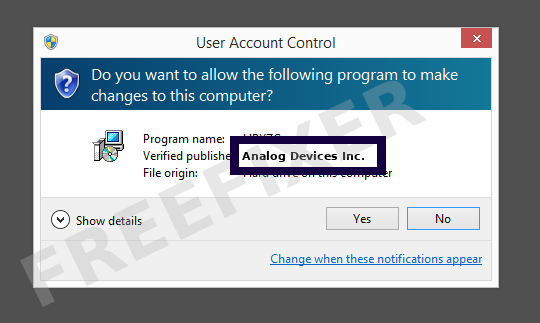 Screenshot where Analog Devices Inc. appears as the verified publisher in the UAC dialog
